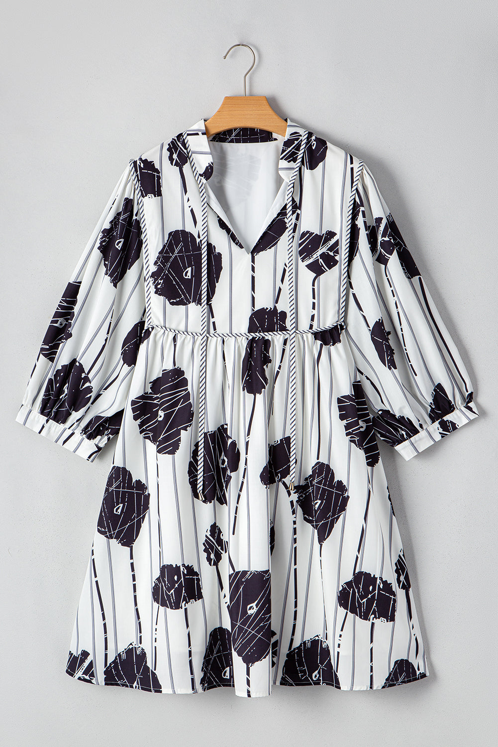 Black Plus Size Floral 3/4 Puff Sleeve Lace-up Neck Mini Dress Plus Size Mini Dresses JT's Designer Fashion