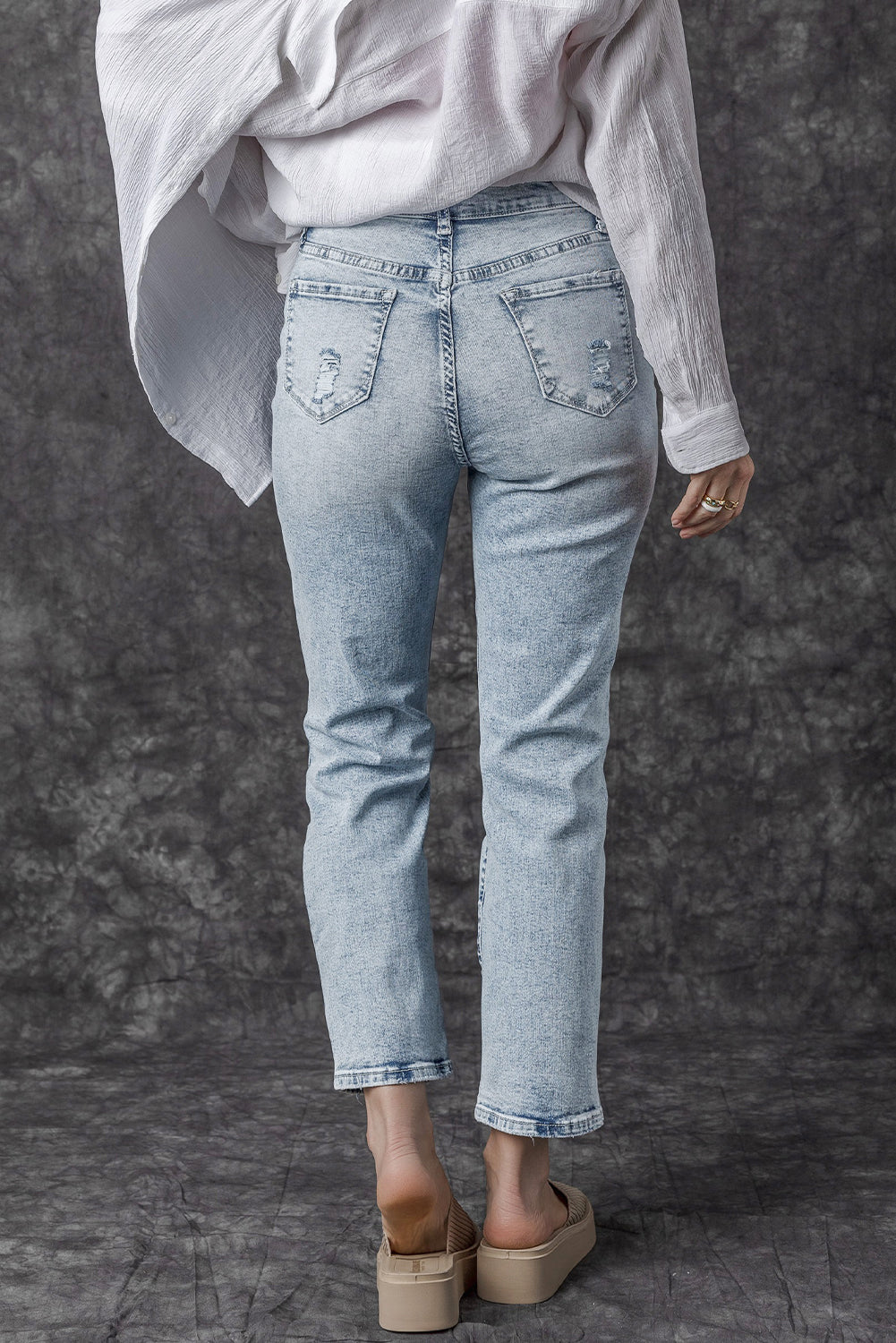 Sky Blue Light Wash Frayed Slim Fit High Waist Jeans Jeans JT's Designer Fashion