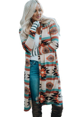 Multicolor Geometric Color Block Open Front Long Cardigan Sweaters & Cardigans JT's Designer Fashion