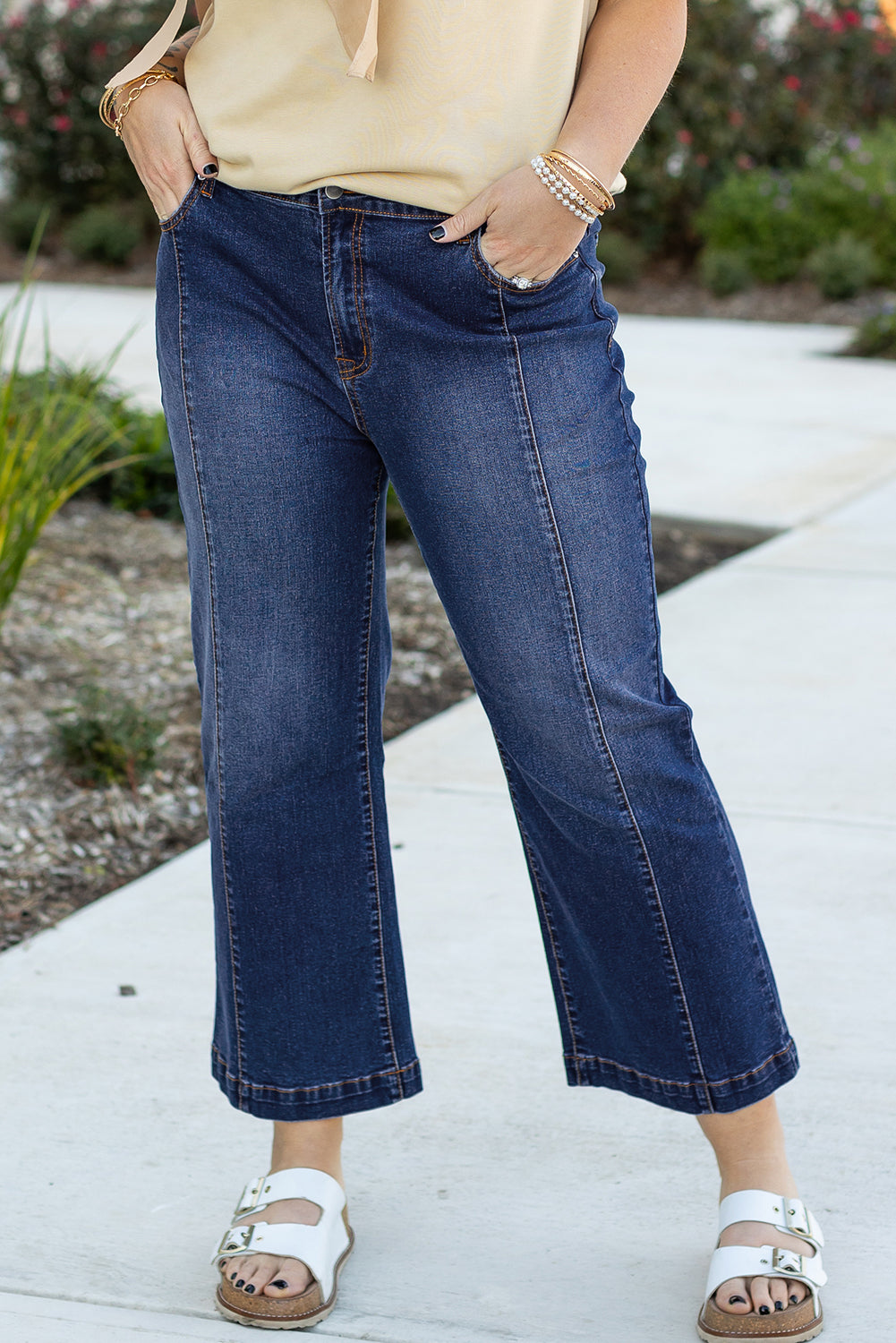Navy Blue Plus Size Seamed Wide Leg High Waist Jeans Navy Blue 71%Cotton+27.5%Polyester+1.5%Elastane Plus Size Bottoms JT's Designer Fashion