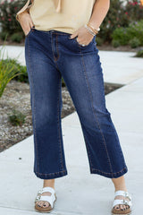 Navy Blue Plus Size Seamed Wide Leg High Waist Jeans Navy Blue 71%Cotton+27.5%Polyester+1.5%Elastane Plus Size Bottoms JT's Designer Fashion