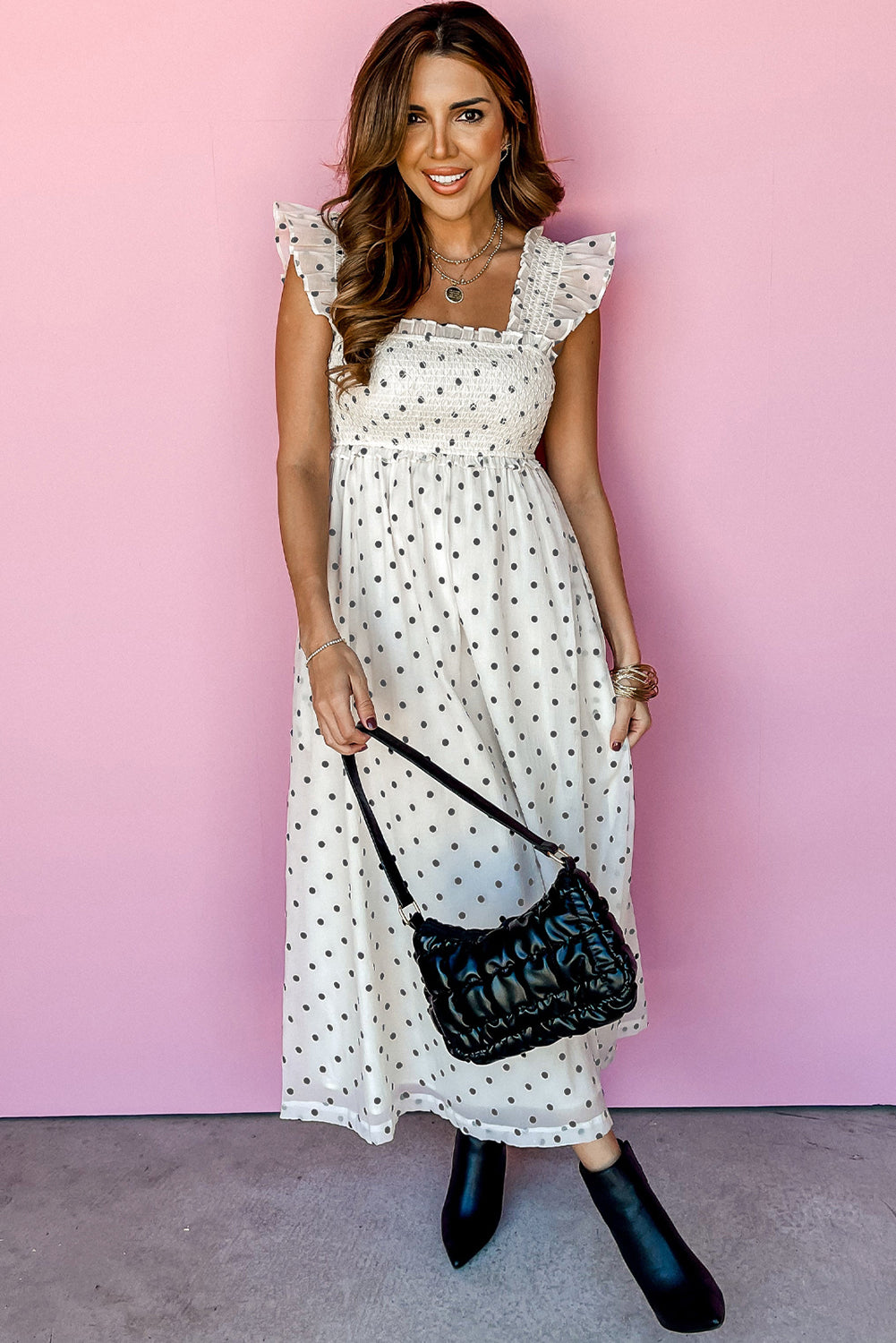 White Polka Dot Flutter Sleeve Square Neck Smocked Long Dress Maxi Dresses JT's Designer Fashion