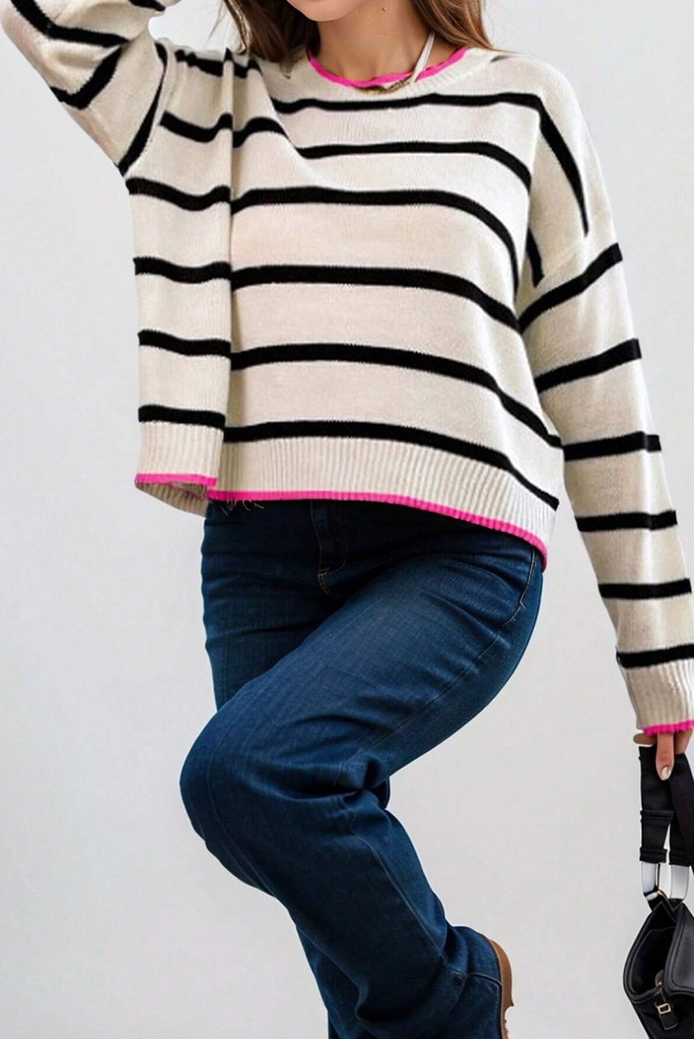 White Stripe Color Contrast Drop Shoulder Crew Neck Sweater Sweaters JT's Designer Fashion