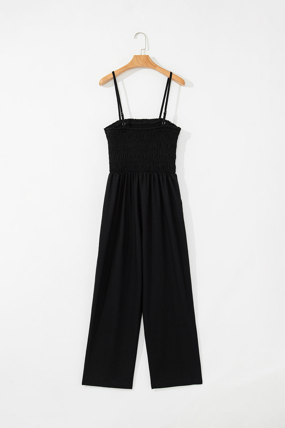 Black Spaghetti Straps Shirred Bodice Pocketed Wide Leg Jumpsuit Jumpsuits & Rompers JT's Designer Fashion
