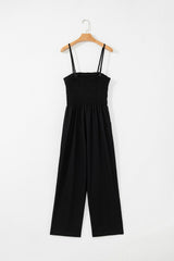 Black Spaghetti Straps Shirred Bodice Pocketed Wide Leg Jumpsuit Jumpsuits & Rompers JT's Designer Fashion