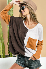 Brown Color Block Patchwork Chest Pocket Long Sleeve Top Long Sleeve Tops JT's Designer Fashion