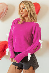 Rose Red Bow Knot Cut Out Round Neck Loose Sweater Sweaters JT's Designer Fashion