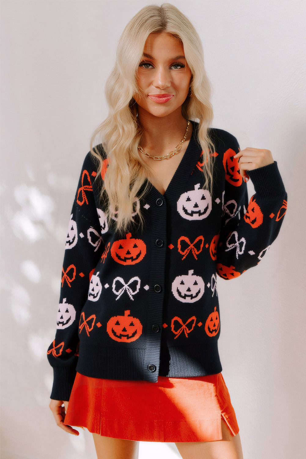 Black Halloween Pumpkin Bow Knit Button V Neck Sweater Cardigan Cardigans JT's Designer Fashion