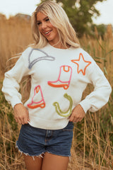 White Tinsel Western Boots Horseshoe Star Knit Crew Neck Sweater Sweaters JT's Designer Fashion
