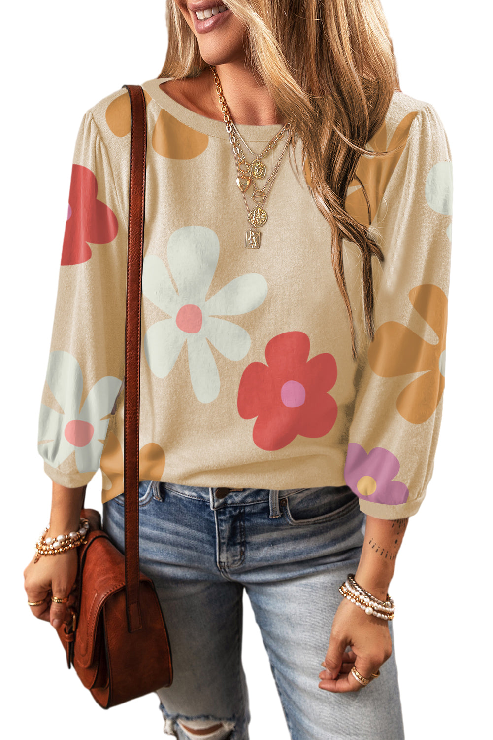 Apricot Cute Flower Print Bracelet Sleeve Top Long Sleeve Tops JT's Designer Fashion