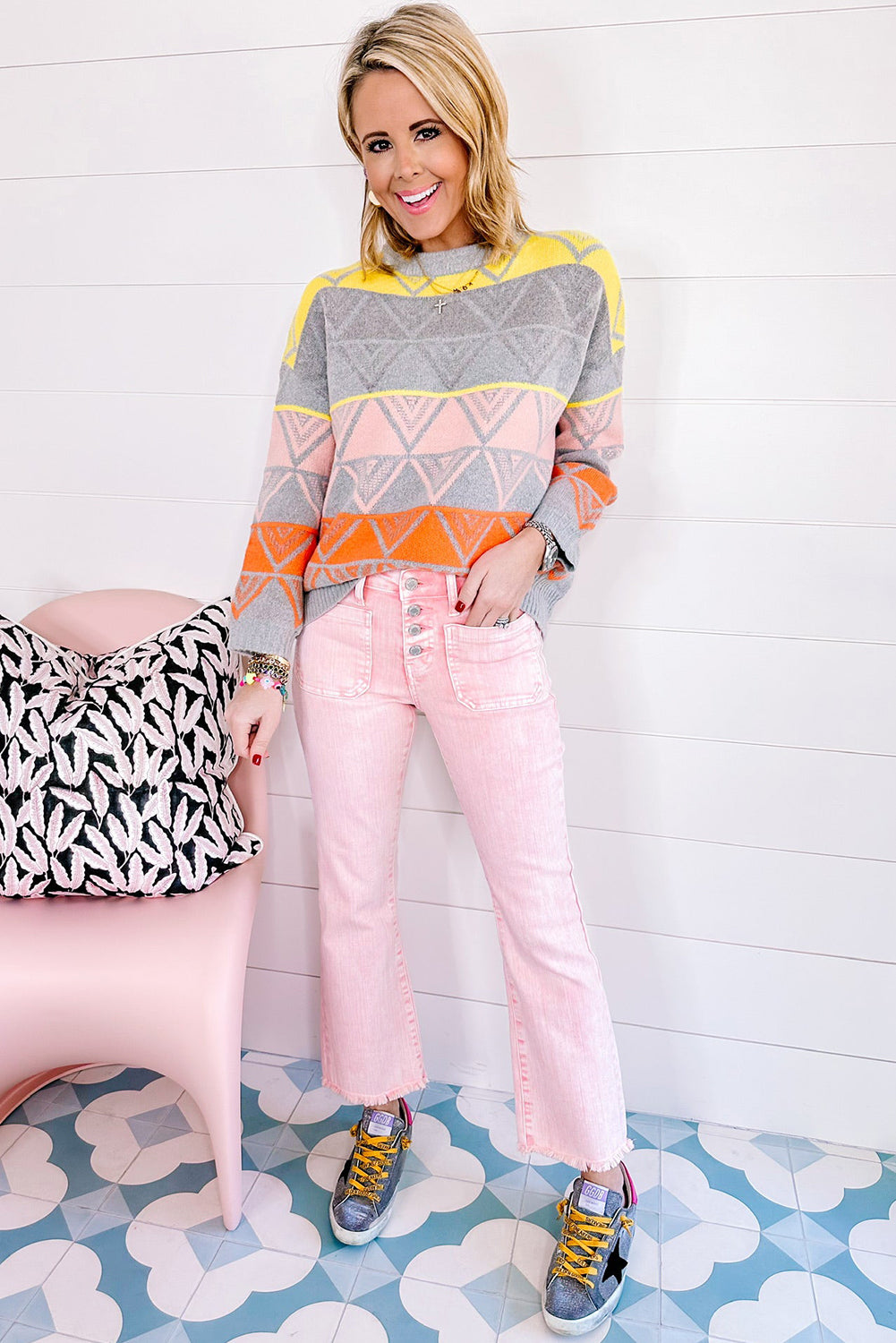 Apricot Pink Multi Buttons Raw Edge Crop Jeans Jeans JT's Designer Fashion
