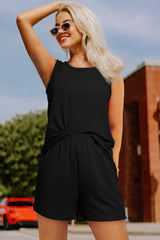Black Corded Sleeveless Top and Pocketed Shorts Set Short Sets JT's Designer Fashion