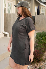 Carbon Grey Corded V Neck Plus Size T Shirt Dress with Pockets Plus Size Mini Dresses JT's Designer Fashion