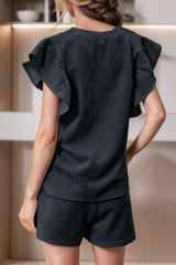 Black Textured Ruffled Sleeve Tee and Drawstring Shorts Set Bottoms JT's Designer Fashion