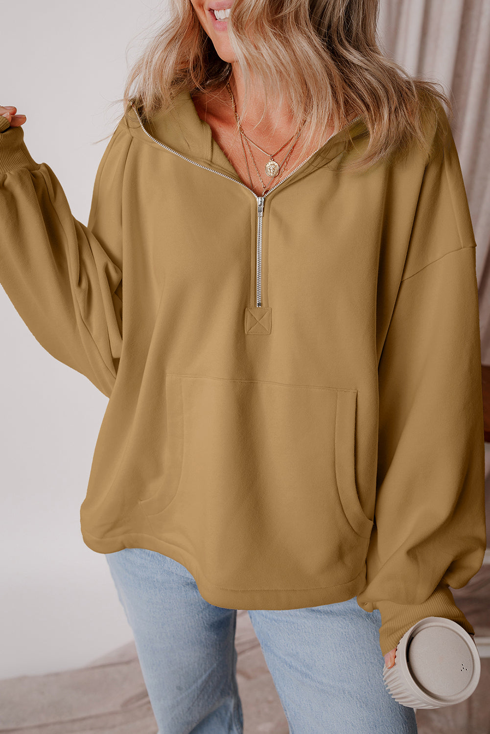 Brown Fleece Lined Half Zipper Kangaroo Pockets Loose Hoodie Sweatshirts & Hoodies JT's Designer Fashion