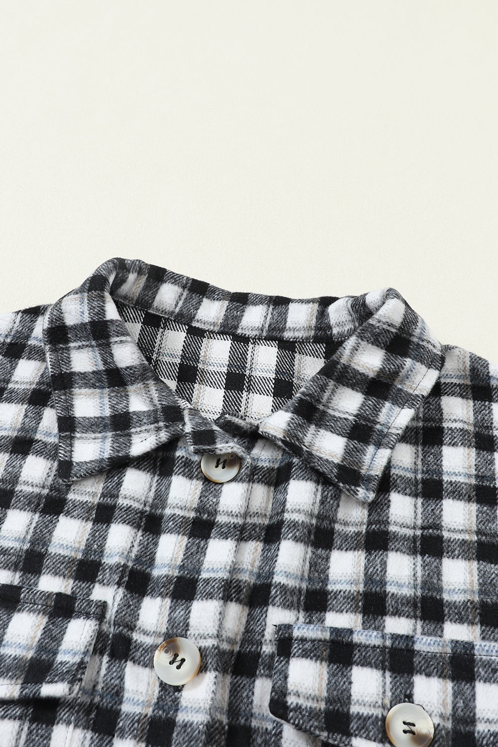 Black Plaid Print Chest Pockets Buttoned Tunic Shacket Plaid Shackets JT's Designer Fashion