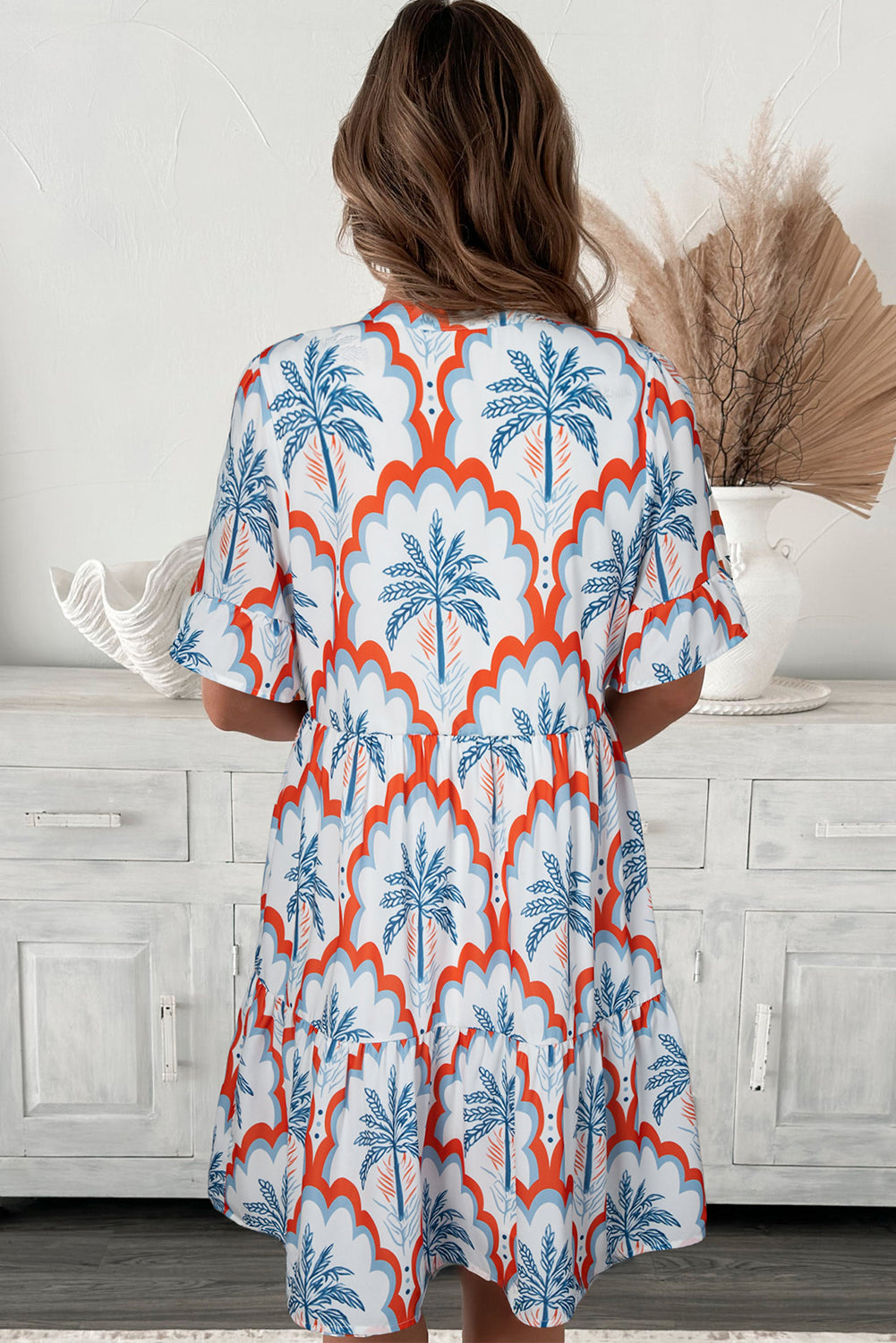 Orange Contrast Palm Tree Printed Short Sleeve Flowy Dress Mini Dresses JT's Designer Fashion