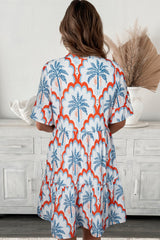 Orange Contrast Palm Tree Printed Short Sleeve Flowy Dress Mini Dresses JT's Designer Fashion
