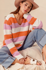 Orange Stripe Colorblock V Neck Casual Sweater Sweaters JT's Designer Fashion