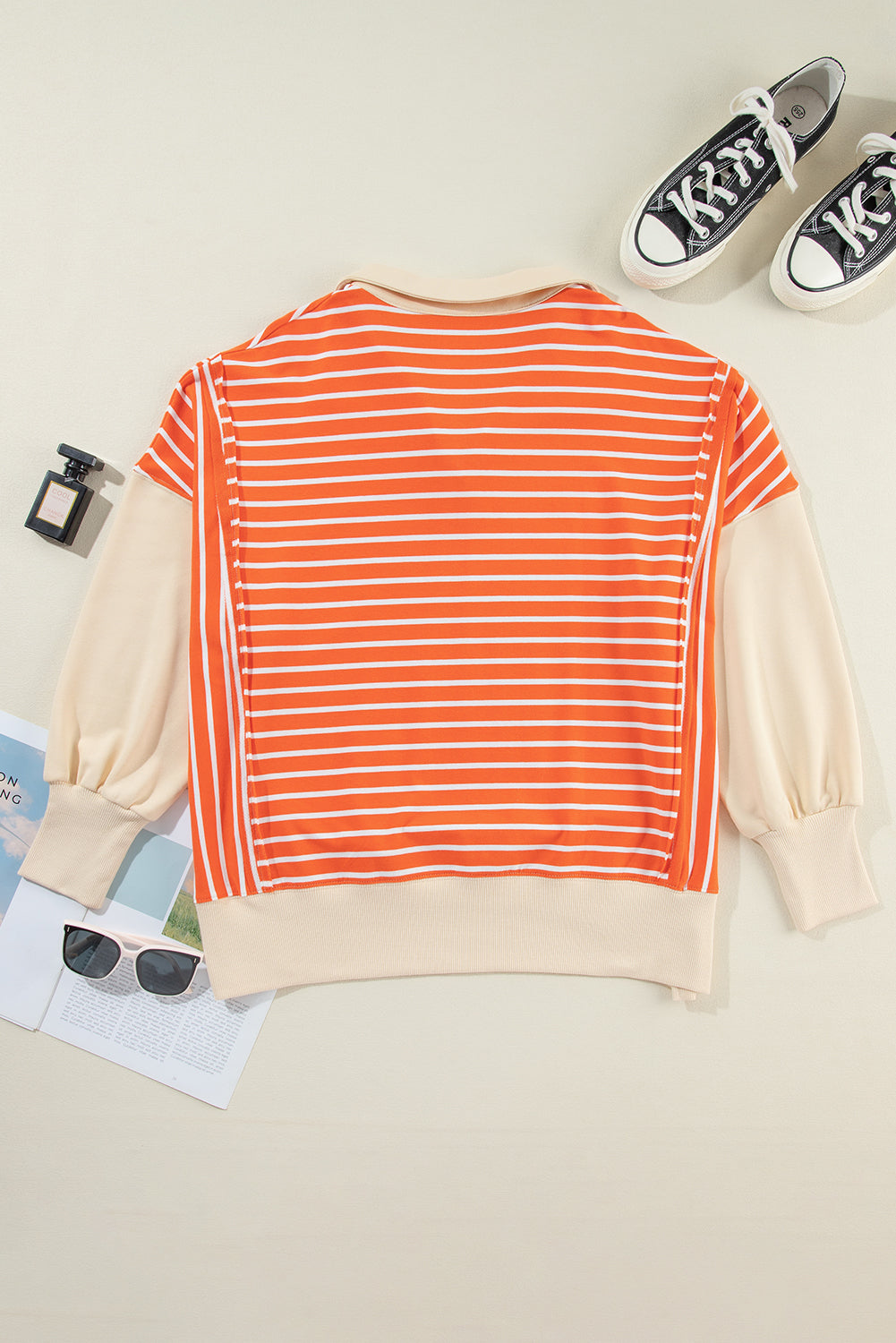 Orange Stripe Color Block Loose Fit Collared Drop Shoulder Sweatshirt Sweatshirts & Hoodies JT's Designer Fashion