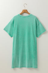 Mint Green Mineral Wash Flower Patchwork Mini T Shirt Dress T Shirt Dresses JT's Designer Fashion