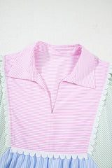 Multicolour Striped Patchwork Ric Rac Puff Sleeve Collared Mini Dress Mini Dresses JT's Designer Fashion
