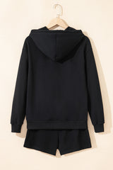 Black Button Drawstring Hooded Pullover and Casual Short Set Short Sets JT's Designer Fashion
