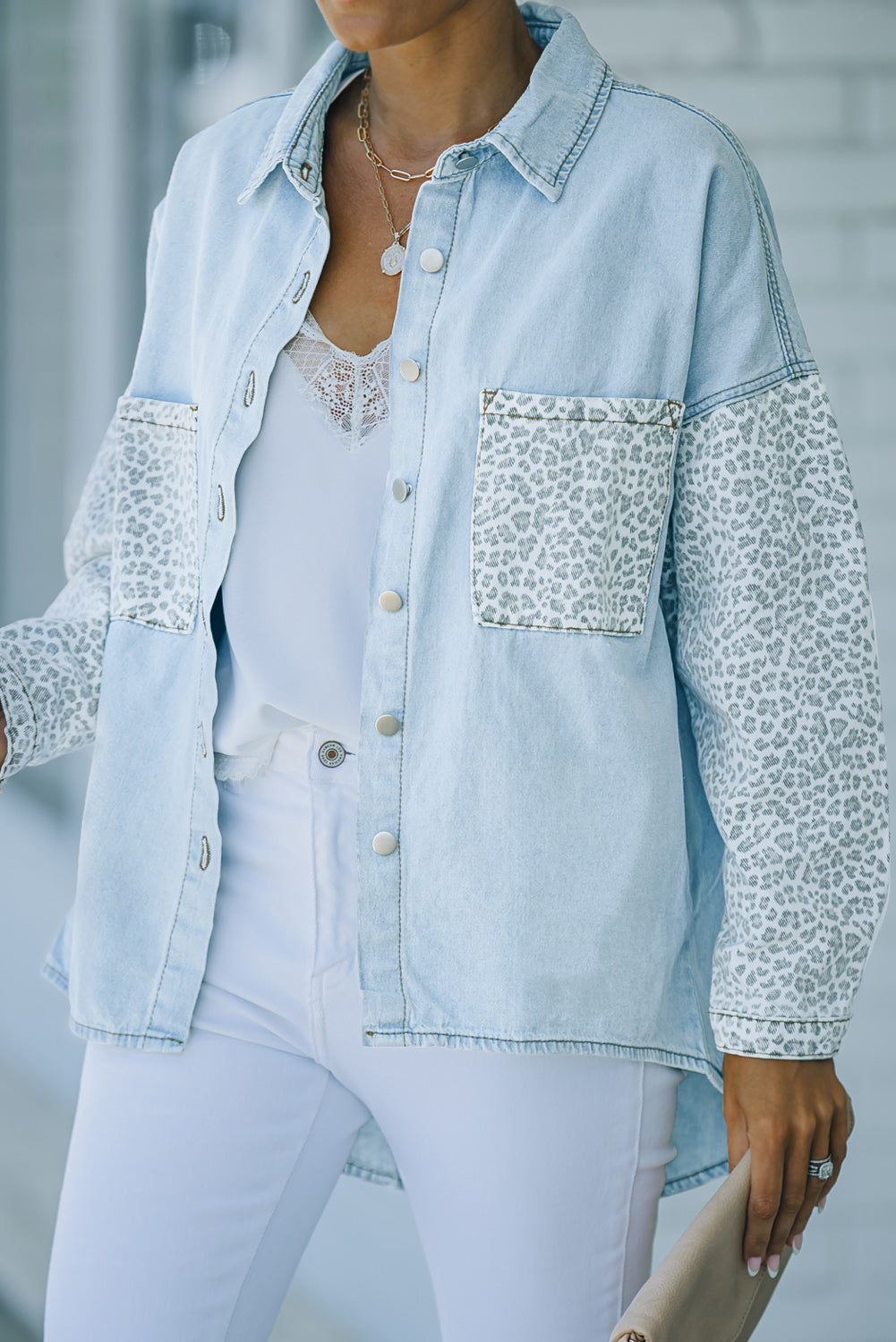 Sky Blue Contrast Leopard Denim Jacket Denim Jackets JT's Designer Fashion