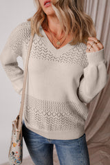 Brown Eyelet Pattern Detail V Neck Drop Shoulder Sweater Brown 100%Polyester Sweaters JT's Designer Fashion