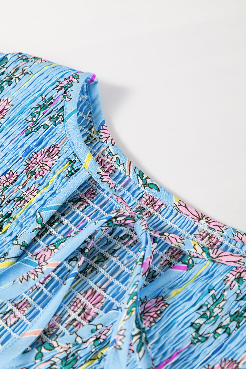 Sky Blue Floral Striped Print Shirred Yoke Split Neck Blouse Blouses & Shirts JT's Designer Fashion