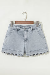 Dusk Blue Scalloped Hemline Acid Wash High Waist Denim Shorts Denim Shorts JT's Designer Fashion