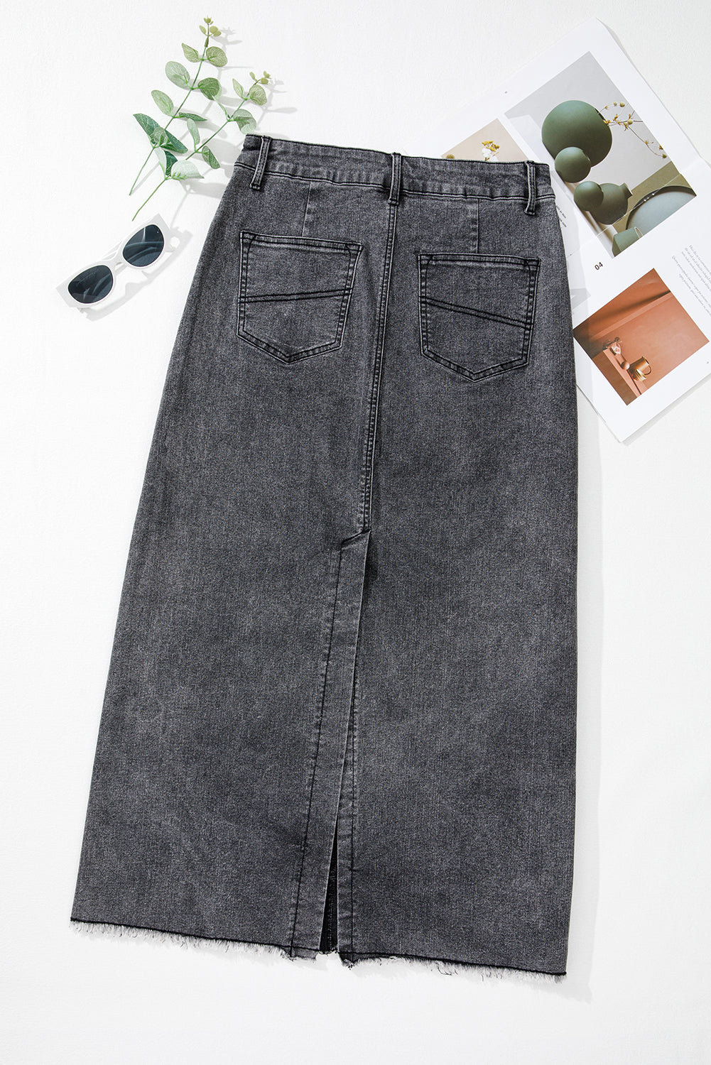 Dark Grey Denim Raw Hem Back Split High Waist Long Skirt Skirts & Petticoat JT's Designer Fashion