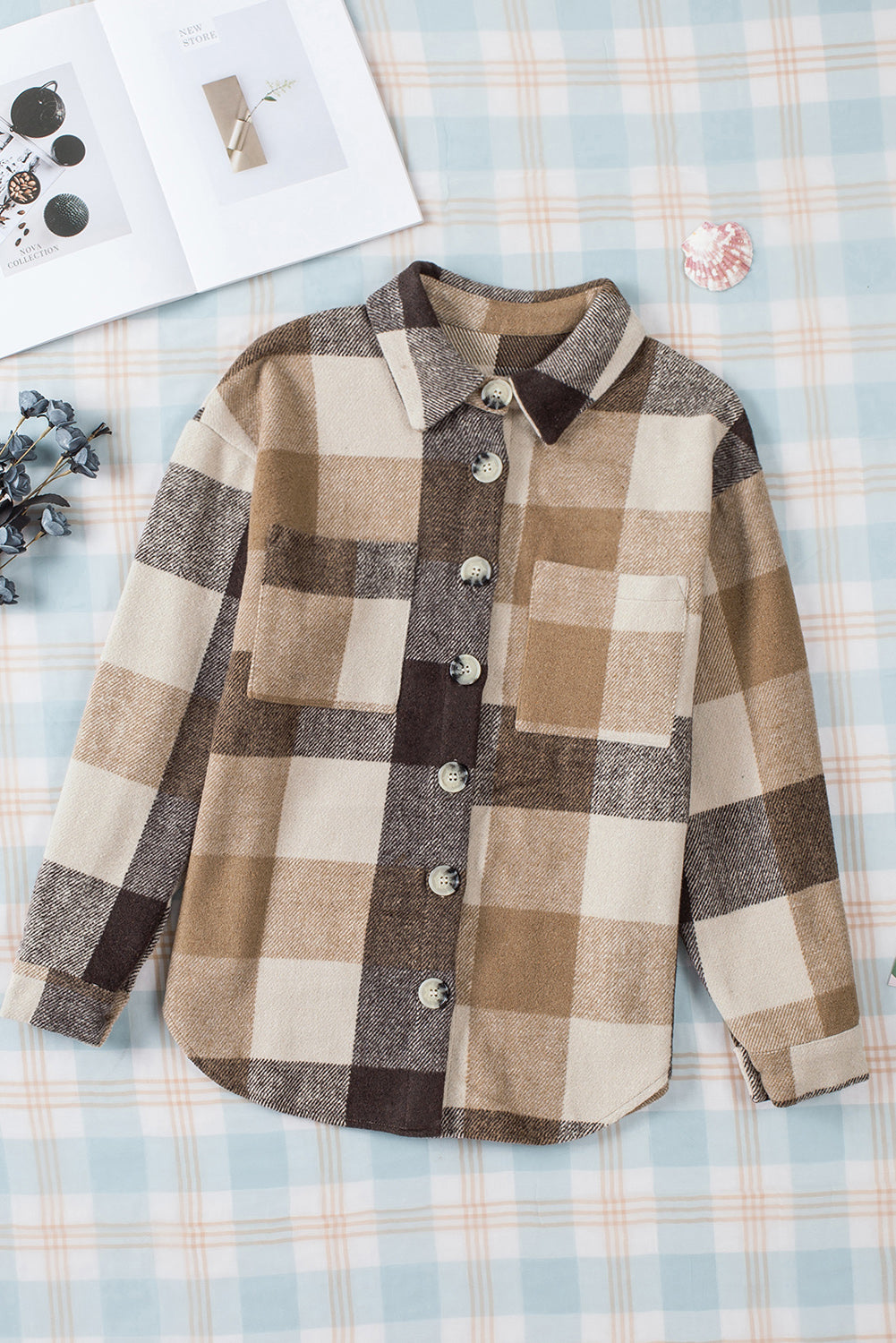 Khaki Plaid Color Block Buttoned Long Sleeve Jacket with Pocket Plaid Shackets JT's Designer Fashion