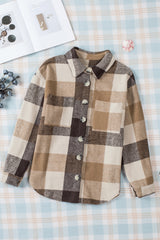Khaki Plaid Color Block Buttoned Long Sleeve Jacket with Pocket Plaid Shackets JT's Designer Fashion