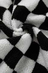 Black Checkered Side Pockets Collared Buttoned Fleece Jacket Jackets JT's Designer Fashion
