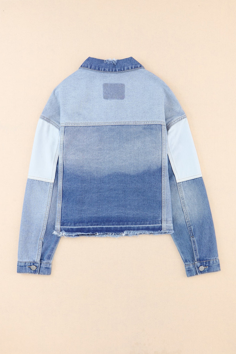 Sky Blue Color Block Denim Patchwork Frayed Hem Jacket Denim Jackets JT's Designer Fashion