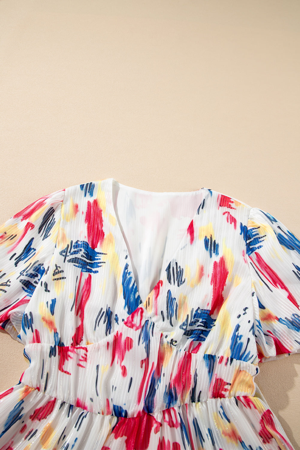 Rose Abstract Print Short Puff Sleeve Tiered Long Dress Maxi Dresses JT's Designer Fashion