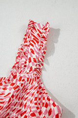 Pink Geometric Print Knot Back Sleeveless Ruffle Hem Dress Midi Dresses JT's Designer Fashion