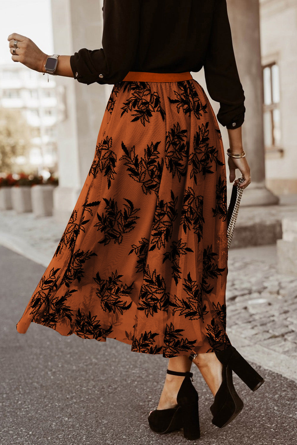 Gold Flame Floral Leaves Embroidered High Waist Maxi Skirt Skirts & Petticoat JT's Designer Fashion