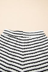Black Stripe Knitted Short Sleeve Top and Drawstring Shorts Set Short Sets JT's Designer Fashion