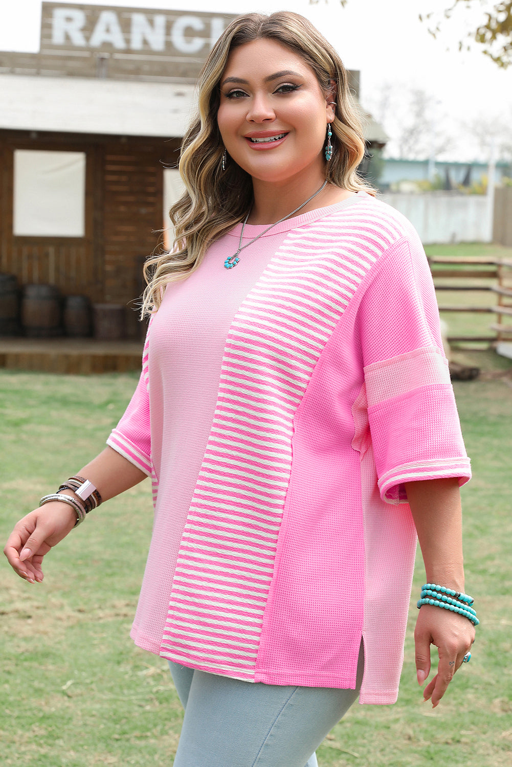 Pink Stripe Patchwork Colorblock Plus Size T Shirt Plus Size Tops & Tees JT's Designer Fashion