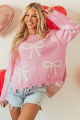 Pink Pearl Beaded Bowknot Pattern Distressed Split Hem Sweater Pink 50%Viscose+28%Polyester+22%Polyamide Sweaters JT's Designer Fashion