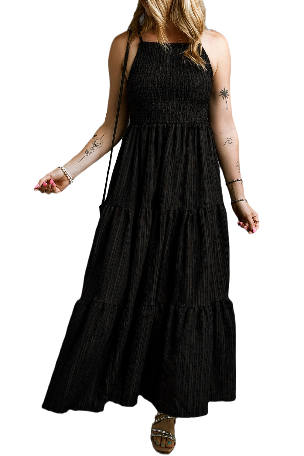 Black Spaghetti Straps Smocked Pleated Tiered Long Dress Maxi Dresses JT's Designer Fashion