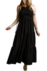 Black Spaghetti Straps Smocked Pleated Tiered Long Dress Maxi Dresses JT's Designer Fashion