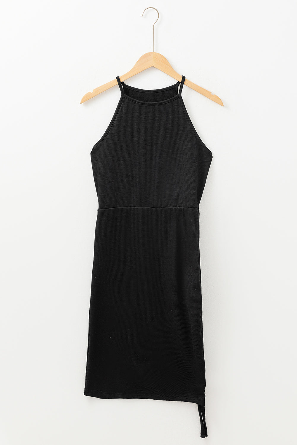 Black Racerback Ribbed Knit Drawstring Bodycon Dress Bodycon Dresses JT's Designer Fashion
