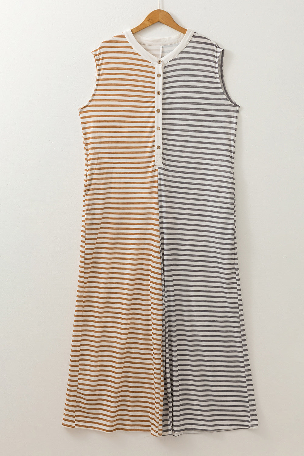 Gray Stripe Plus Size Color Block Buttoned Sleeveless Wide Leg Jumpsuit Plus Size Bottoms JT's Designer Fashion