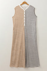 Gray Stripe Plus Size Color Block Buttoned Sleeveless Wide Leg Jumpsuit Plus Size Bottoms JT's Designer Fashion