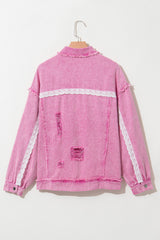 Pink Lace Patchwork Distressed Buttoned Denim Jacket Denim Jackets JT's Designer Fashion