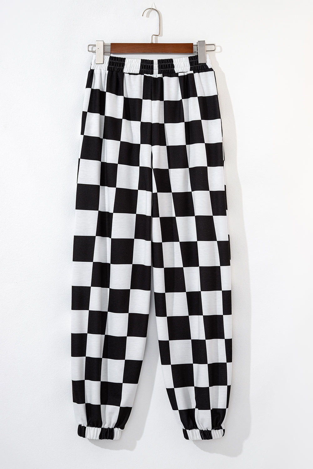 Black Checkerboard Elastic Waist Pocketed Joggers Pants & Culotte JT's Designer Fashion