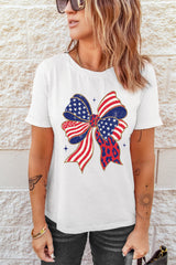White Stars and Stripes Bow Print 4th of July T Shirt Graphic Tees JT's Designer Fashion